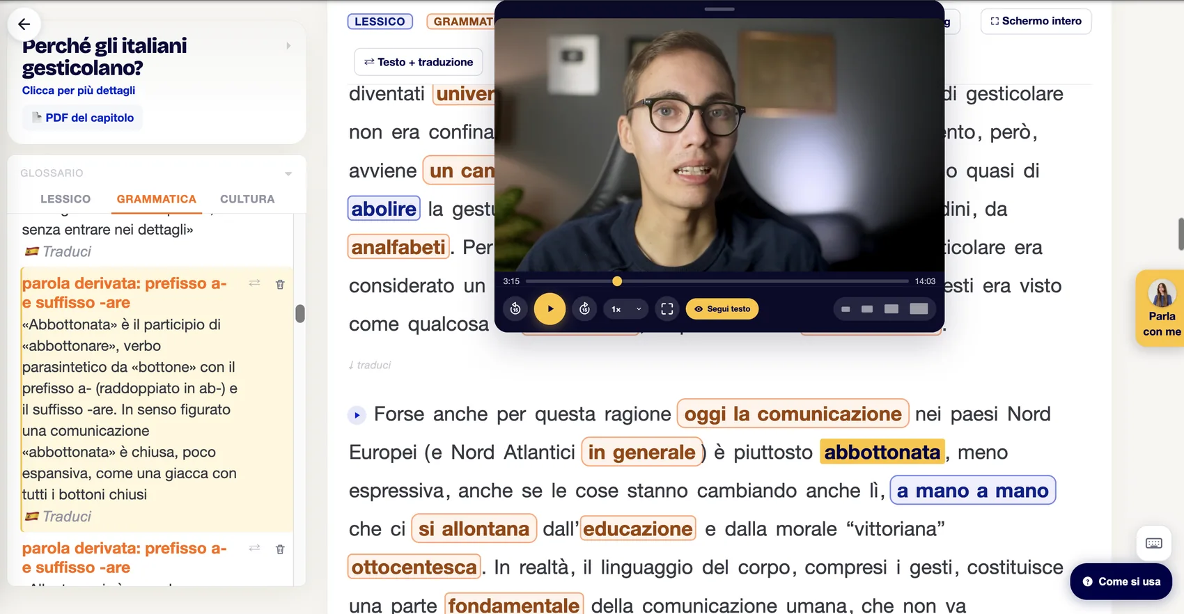 Un capitolo di corso aperto nel player interattivo di Italiano Vivo